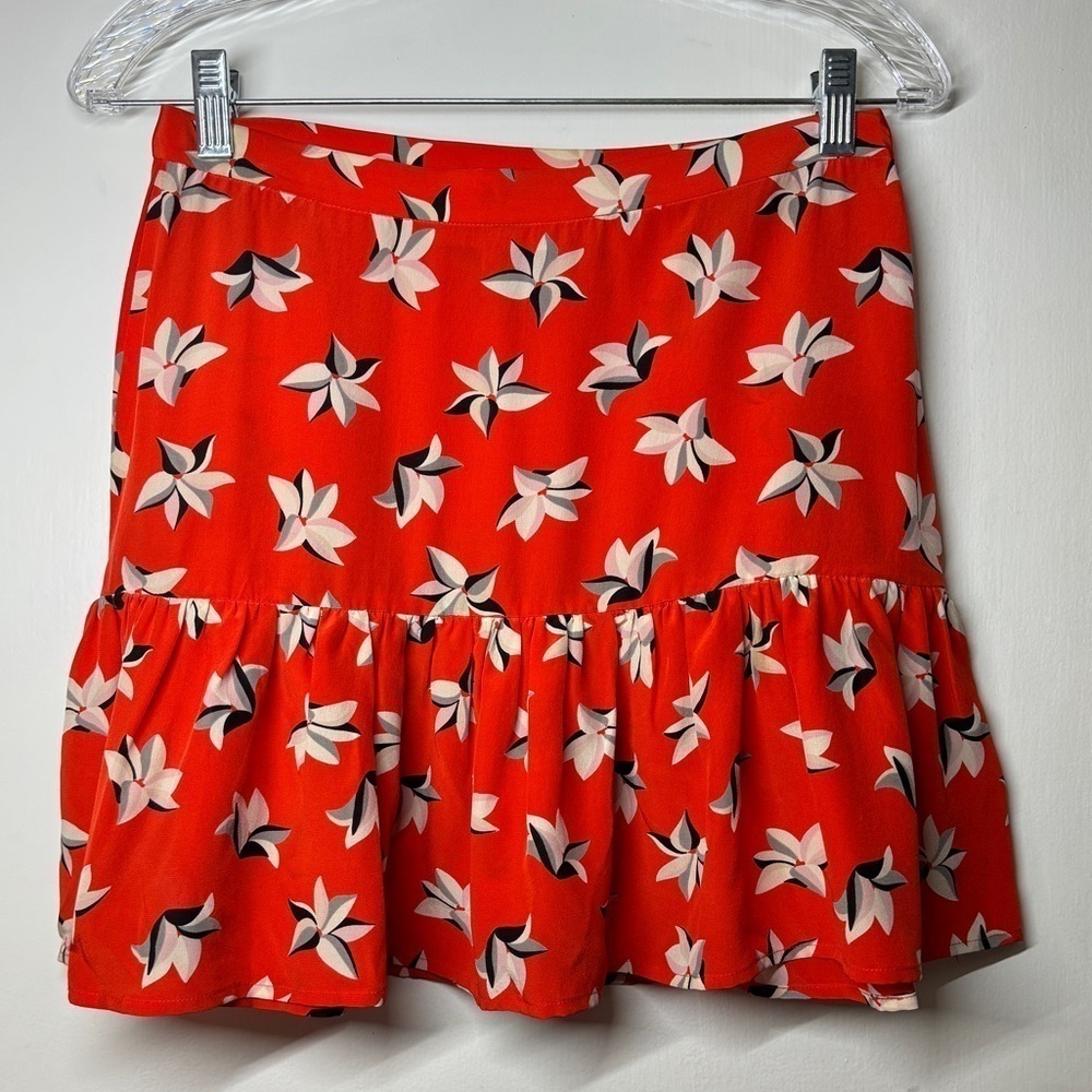 Joie 100% Silk Red Cream Grey Black Floral Mini Ruffle Hem Lightweight Skirt XS